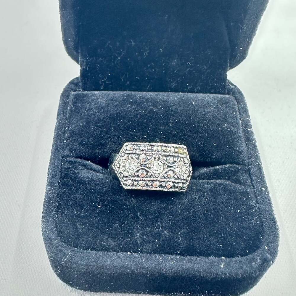 Vintage Ornate Statement Ring Silver Tone Filigree Clear Rhinestone Size 7.5